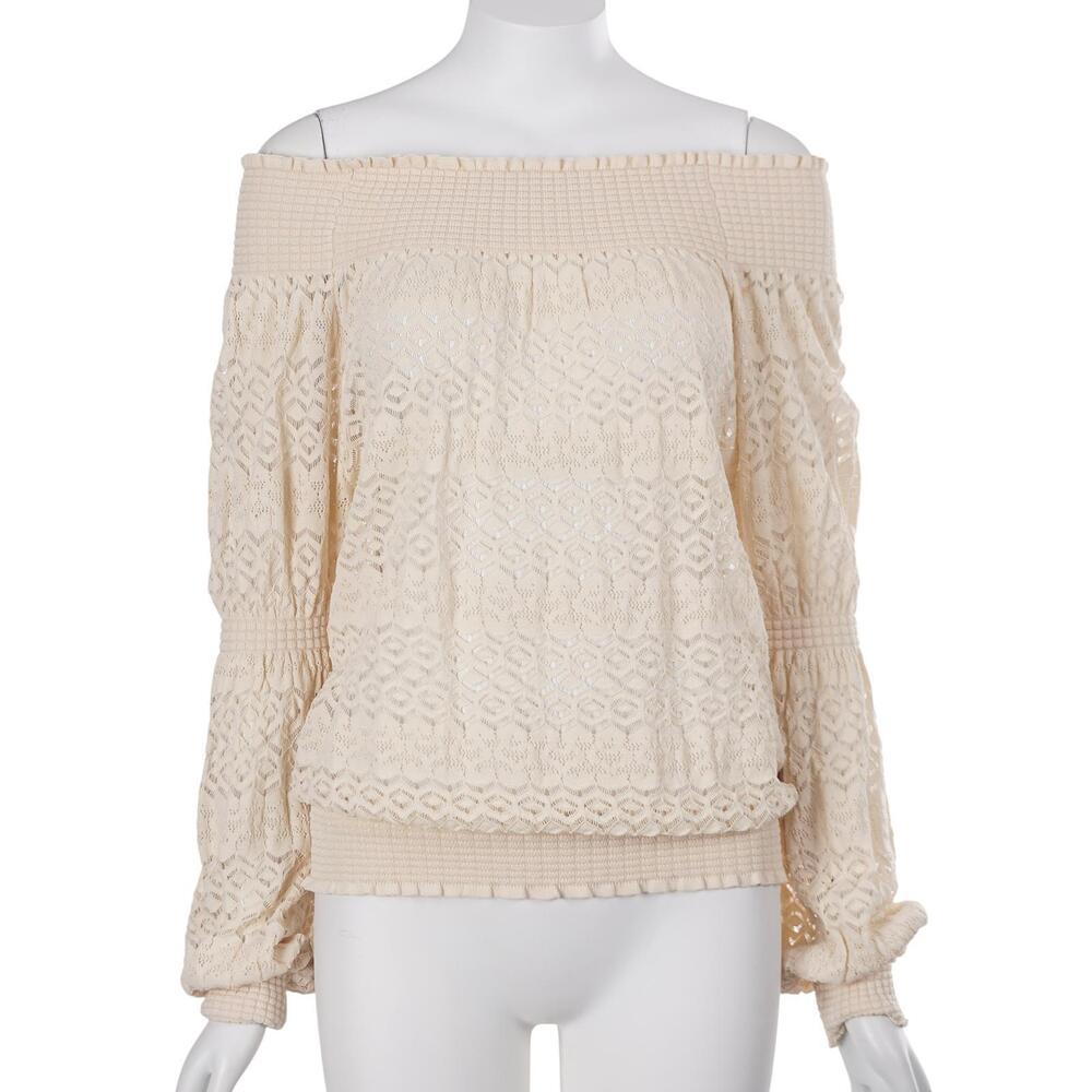 NWT ZARA Top S Beige Stretch Knit Off The Shoulder Long Sleeve Romantic Boho